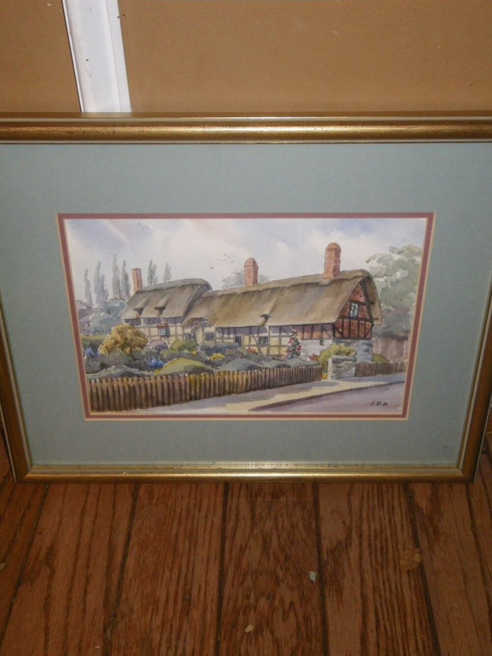 Vintage Watercolor Painting Classic Country Cottage w/ Picket Fence Signed